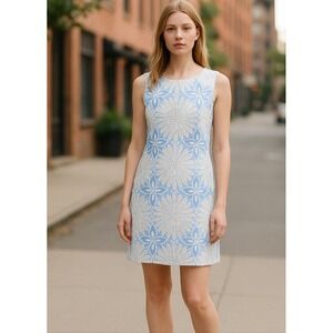 TALBOTS Sheath Dress Floral Blue White Cut Out Lace Mesh Embroidered 2 Small NEW